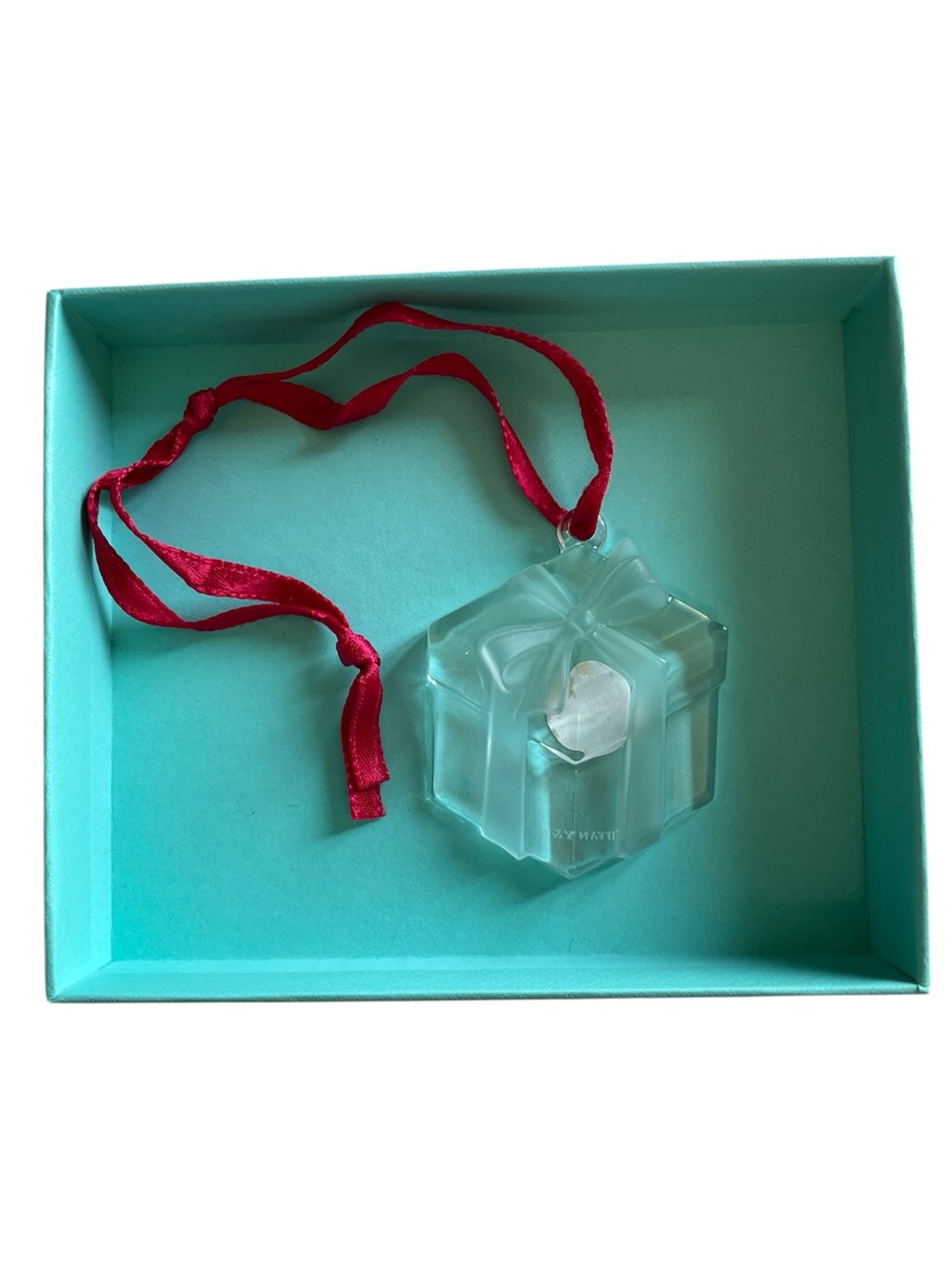 Tiffany Crystal Gift Ornament with Red Ribbon